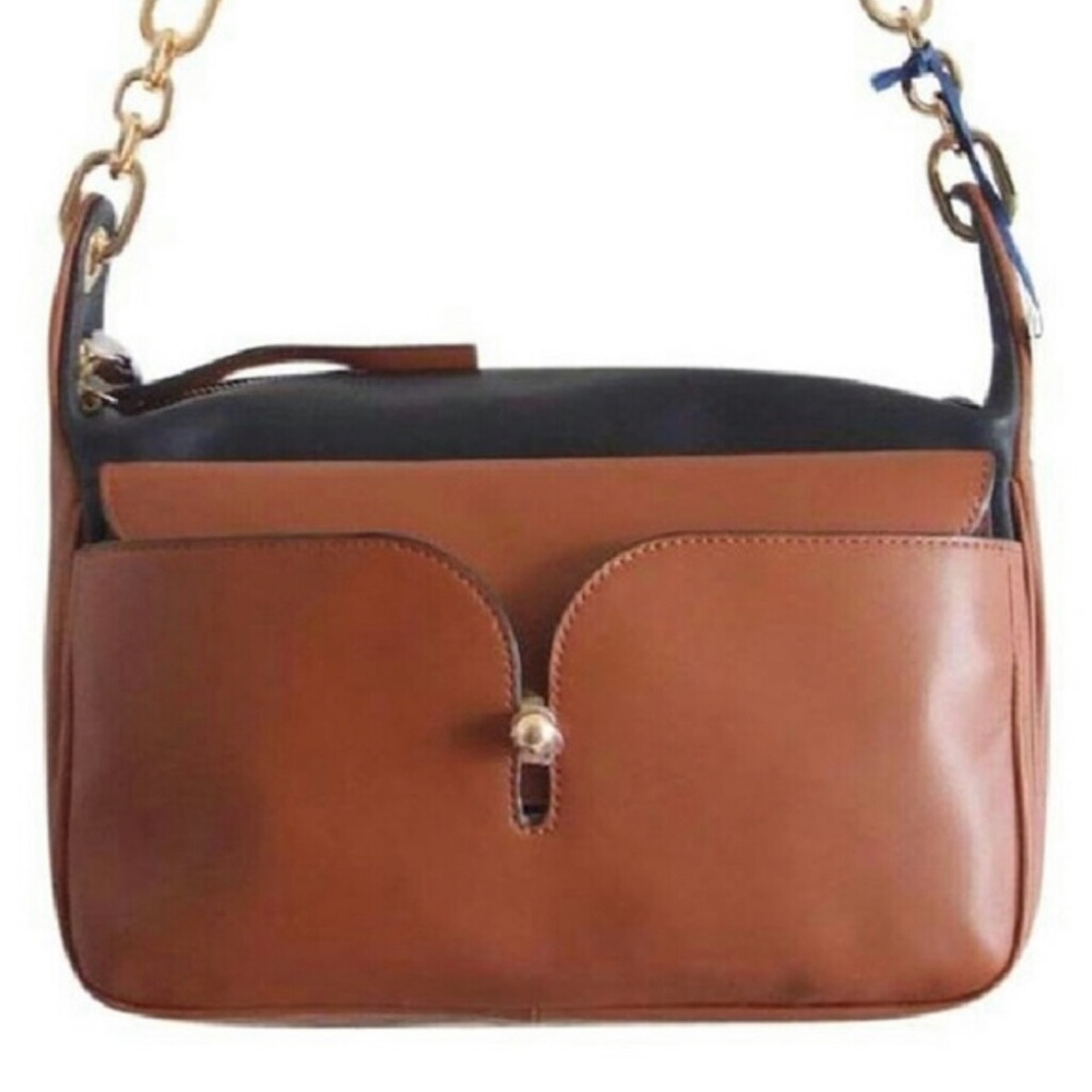 Pour La Victoire Brown & Black Leather Shoulder Bag Crossbody Gold Chain Strap